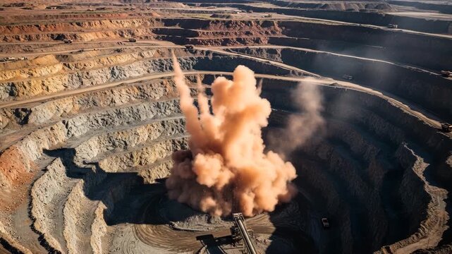 Explosion in Mine: Captivating shot showcasing the dramatic power of a controlled explosion within a deep mine, creating a cloud of dust and earth.
