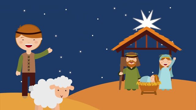 Animated nativity scene featuring baby jesus joseph mary and shepherd with sheep under starry night sky.