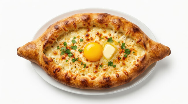 Khachapuri adjaruli al formaggio con tuorlo d'uovo e burro su piatto bianco isolato. Generative AI 
