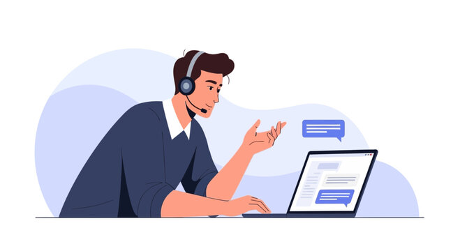 Man with headset using laptop for customer service, chat bubbles illustration
