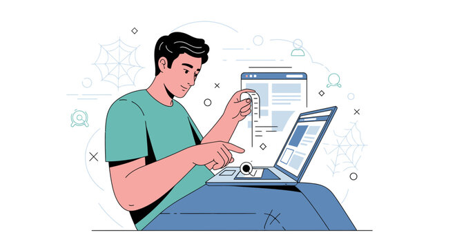 Man Working On Laptop, Planning Online Tasks. Digital Illustration.