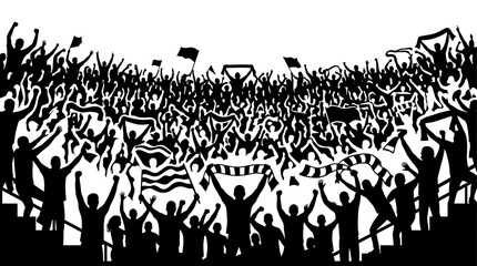 Fototapeta premium Silhouette of a cheering crowd at a sporting event with flags and scarves.