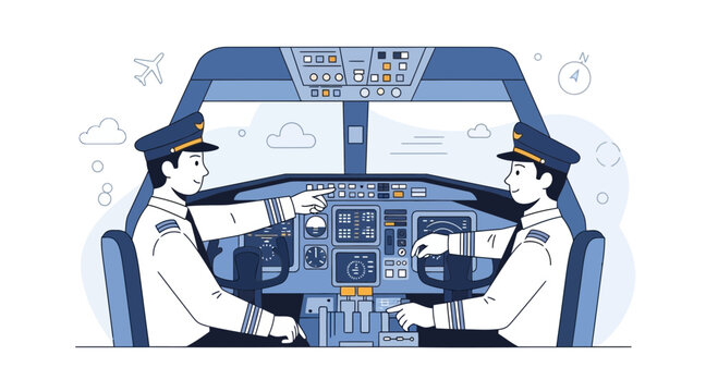 Pilots in Cockpit - Airplane Flight Control Panel