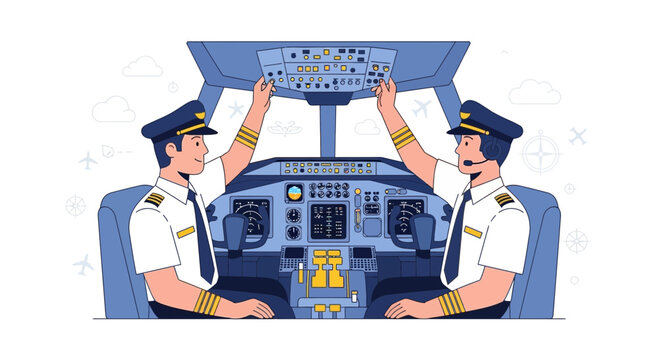 Pilots in Airplane Cockpit, Flight Crew Controlling Aircraft Instruments