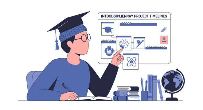 A dedicated student wearing a graduation cap planning an interdisciplinary project timeline.