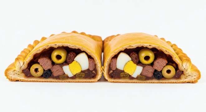 Bolivian Salte&ntilde;a Pastry Cross-Section Cut Half Braised Beef Olive Egg Golden Dough