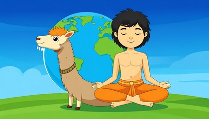 Obraz premium Boy meditates with llama earth background.