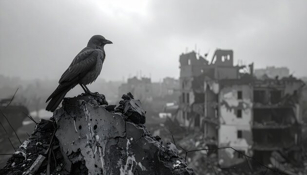 Lone bird surveys aftermath of destroyed city