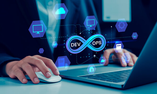 DevOps concept, software development and IT operations automation integration, continuous delivery and deployment business process.