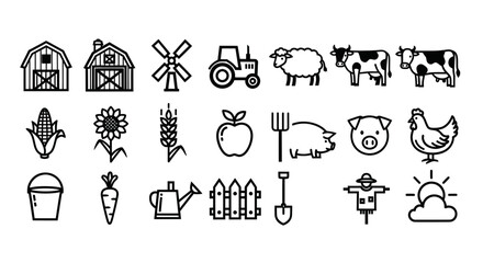 Farm Icons Set: Barn, Tractor, Animals, Crops, Tools, and Sunrise © Fridi