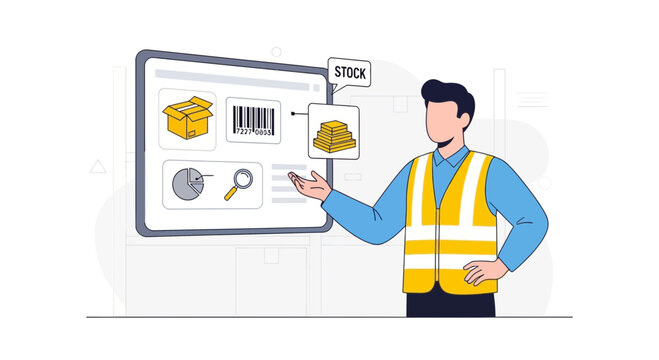 Warehouse stock management, inventory control, logistics illustration