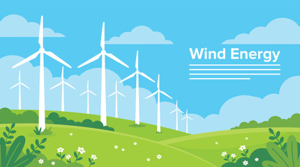 Professional Illustration of Wind Turbines in a Green Field for Renewable Energy and Sustainability Concepts © Hanifer