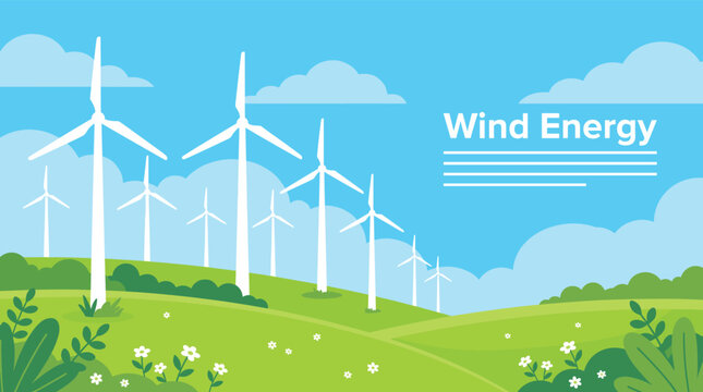 Professional Illustration of Wind Turbines in a Green Field for Renewable Energy and Sustainability Concepts