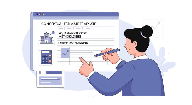 Businesswoman analyzing conceptual estimate template on computer screen, financial planning