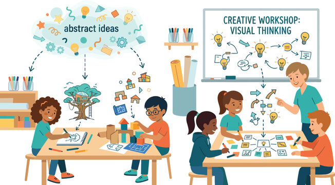 Creative educational workshop for children featuring visual thinking tools, abstract ideas, group collaboration, teacher guidance, and hands-on architectural building projects.
