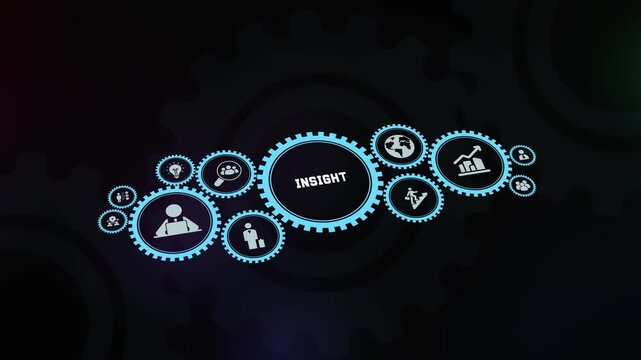  Business insight and strategic vision concept featuring analytical gears and data visualisation technology icons.