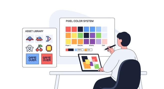 Game Developer Designing Pixel Art Assets and Color Palette on Computer