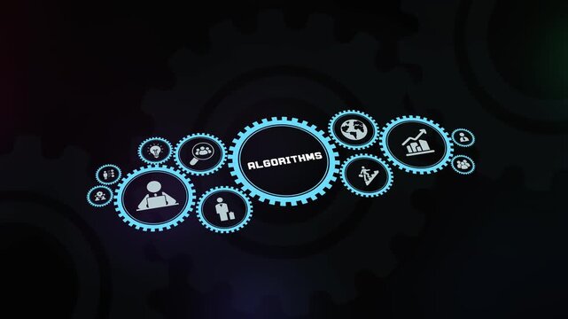 Complex algorithms and computer science logic concept with data processing gears and binary technology icons.