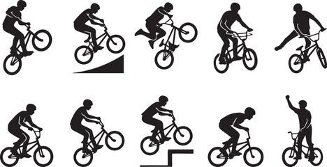 Fototapeta premium BMX Jump Action Silhouette Icon Set: 10 Extreme Street Cycling Poses.
