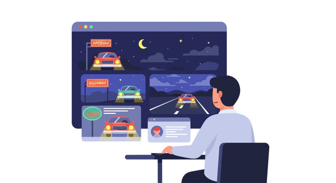 Man watching car racing game on computer screen at night