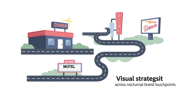 Retro roadside diner and motel with winding road, vintage travel concept