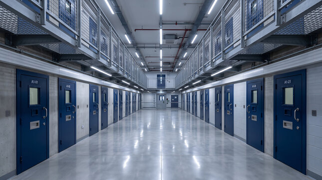 Modern interior of a Jail UK prison wing with blue cell doors