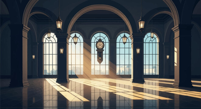 Grand architectural interior featuring large arches, tall glass windows with sunlight streaming through, hanging lanterns, and a central pendulum clock on a polished floor.