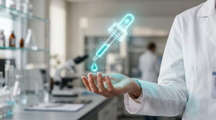 Fototapeta premium Scientist in lab holding glowing digital dropper hologram representing pharmaceutical innovation and advanced medical research technology in modern laboratory