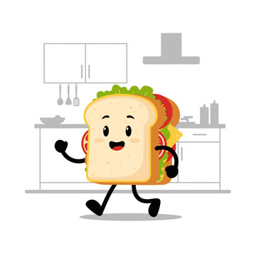 Cartoon Sandwich Running in a Kitchen, Happy and Animated.