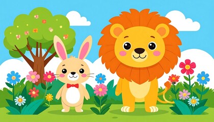 Naklejka premium cartoon lion and rabbit standing together.