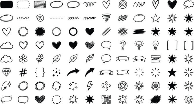 hand drawn doodle icons and symbols collection on white background