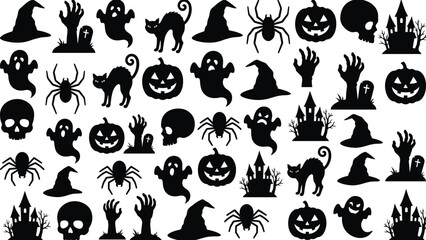 Obraz premium Halloween set featuring black silhouettes of pumpkins ghosts spiders skulls witches hats haunted houses and zombie hands rising from graves on a white background for seasonal holiday