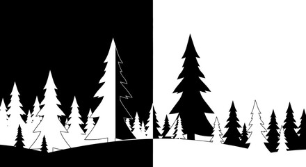 Fototapeta premium Pine Tree Forest Silhouettes on Split Black and White Background, Minimalist Nature Landscape Design.