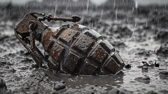 Old rusty hand grenade lying in thick mud during heavy rain