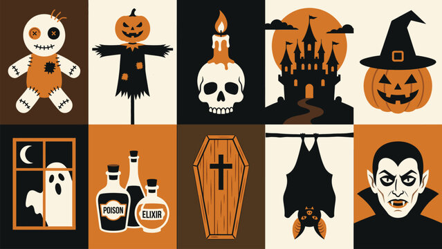 Halloween set featuring a voodoo doll scarecrow skull candle haunted castle jack o lantern ghost potion bottles coffin bat and vampire face in a flat style with orange black and cream colors