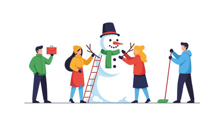 Fototapeta premium Group of friends building a snowman together during winter holidays.