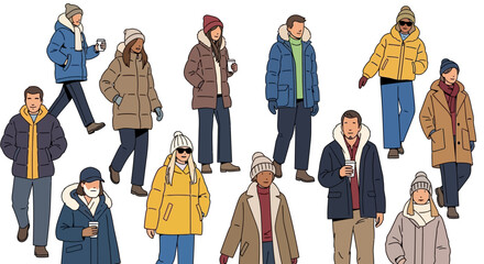 Diverse group of people wearing various winter coats and warm clothing ready for cold weather activities. © Nabila