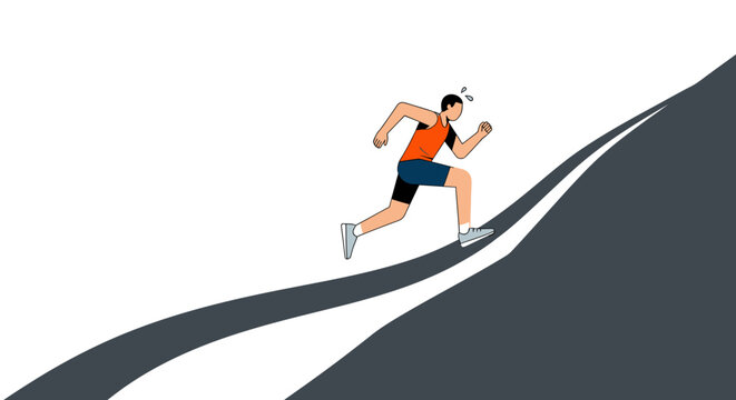 Determined male runner ascending a steep hill with focused effort.