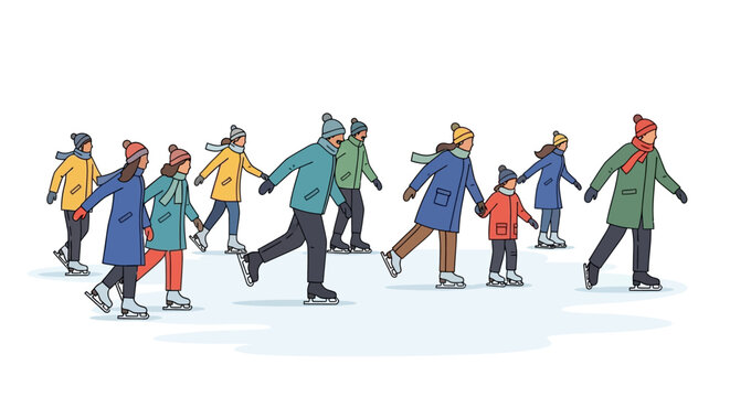 Diverse group of people ice skating together enjoying winter recreation and outdoor activity.