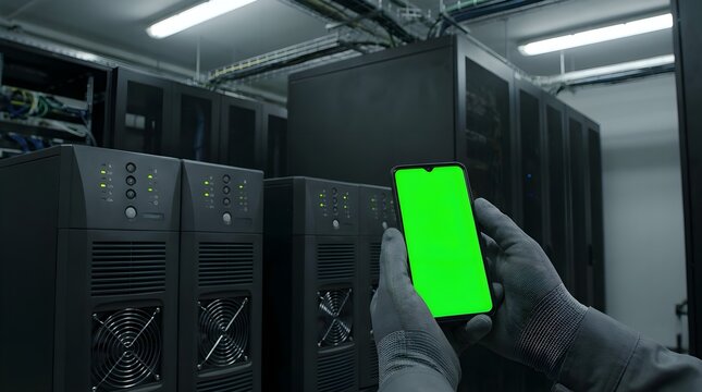 Hands wearing gloves holding a smartphone with green screen in a server room with racks of computers data center mobile phone