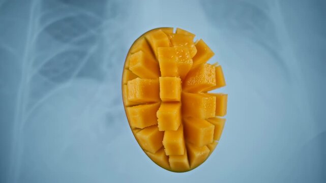 Mango slices, diced, vibrant yellow, against a light-blue background