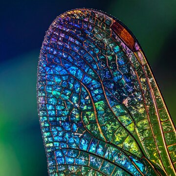 Macro closeup of iridescent dragonfly wing with intricate venation pattern, vibrant blue and green translucent texture, insect biology, nature detail