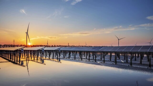Time-lapse of Floating Solar Farm and Wind Turbines at Sunset on Coastal Wetland  