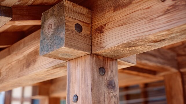 Detailed close-up of wooden structure showcasing intricate joinery and natural textures in a traditional architectural design emphasizing craftsmanship and durability