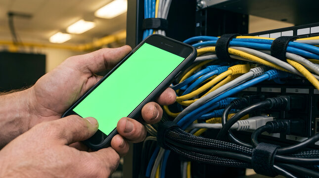 Person's hands holding a smartphone with a green screen in front of a computer server rack with organized cables data center computer
