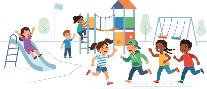Diverse group of happy children playing together in an outdoor park featuring a slide swing set and climbing frame for active recreation.