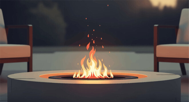 Minimalist circular concrete fire pit with stylized orange and yellow flames burning at dusk, flanked by two modern wooden lounge chairs on a patio with a dark blurred background.