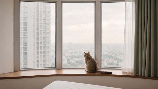 Cat relaxing by the hotel window overlooking the city skyline, pet-friendly accommodation concept, cozy vacation stay for travelers with animals, modern hotel room