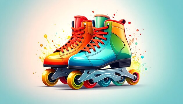 Colorful roller skates on wheels background.