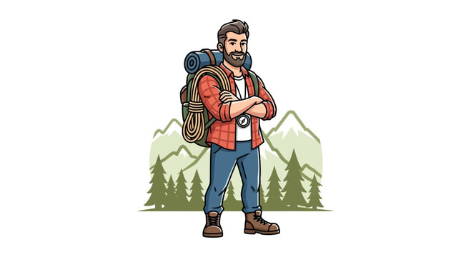 Bearded male hiker with backpack and camera ready for adventure.